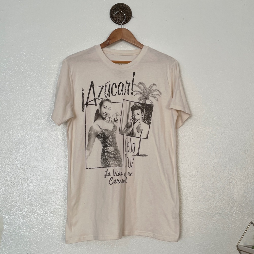 Celia Cruz Azucar Graphic T-Shirt Goodie Two Sleeves Cream Size Small